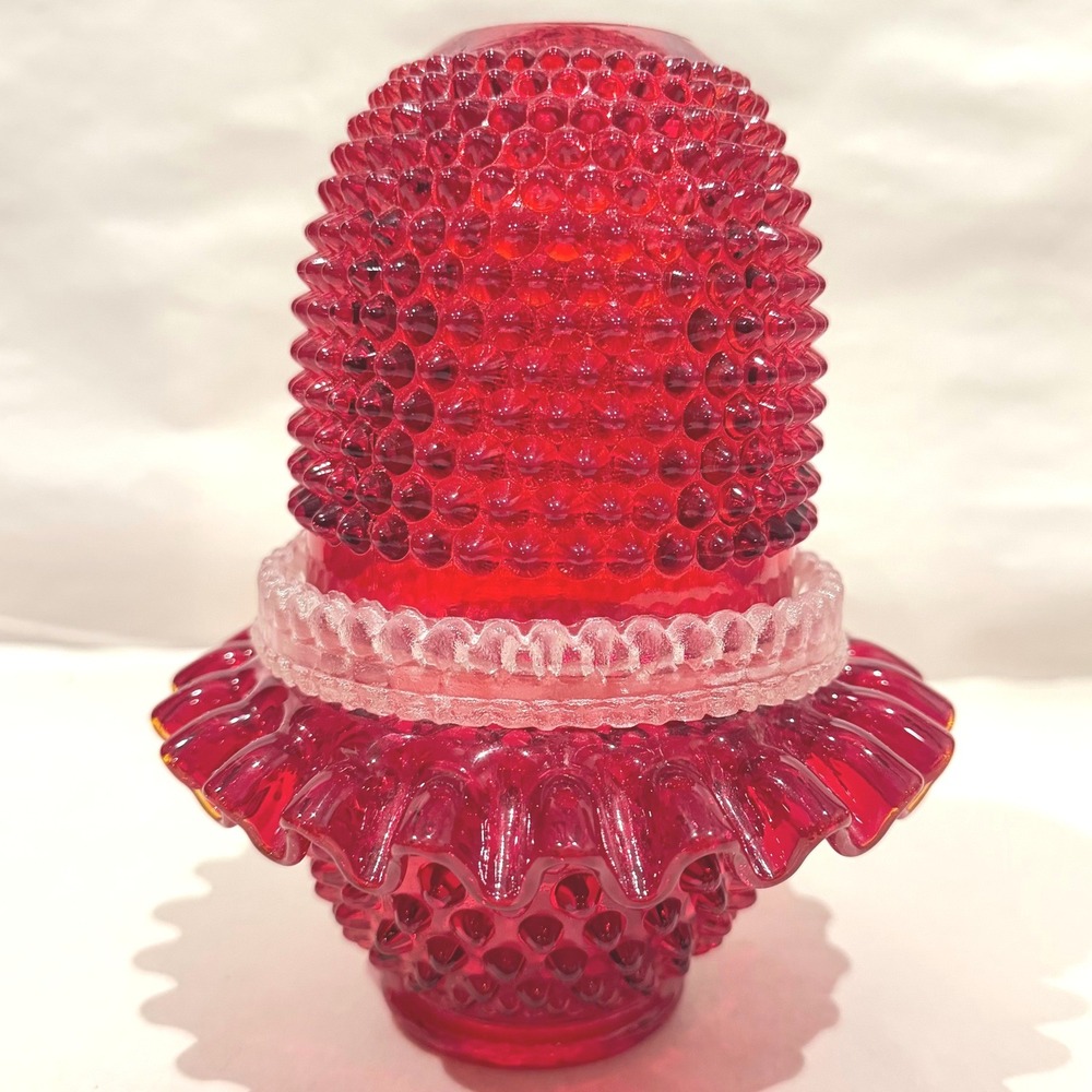 Vintage Fenton LG Wright Ruby Red Hobnail 3 Pc Fairy Lamp Ruffled UV Glow